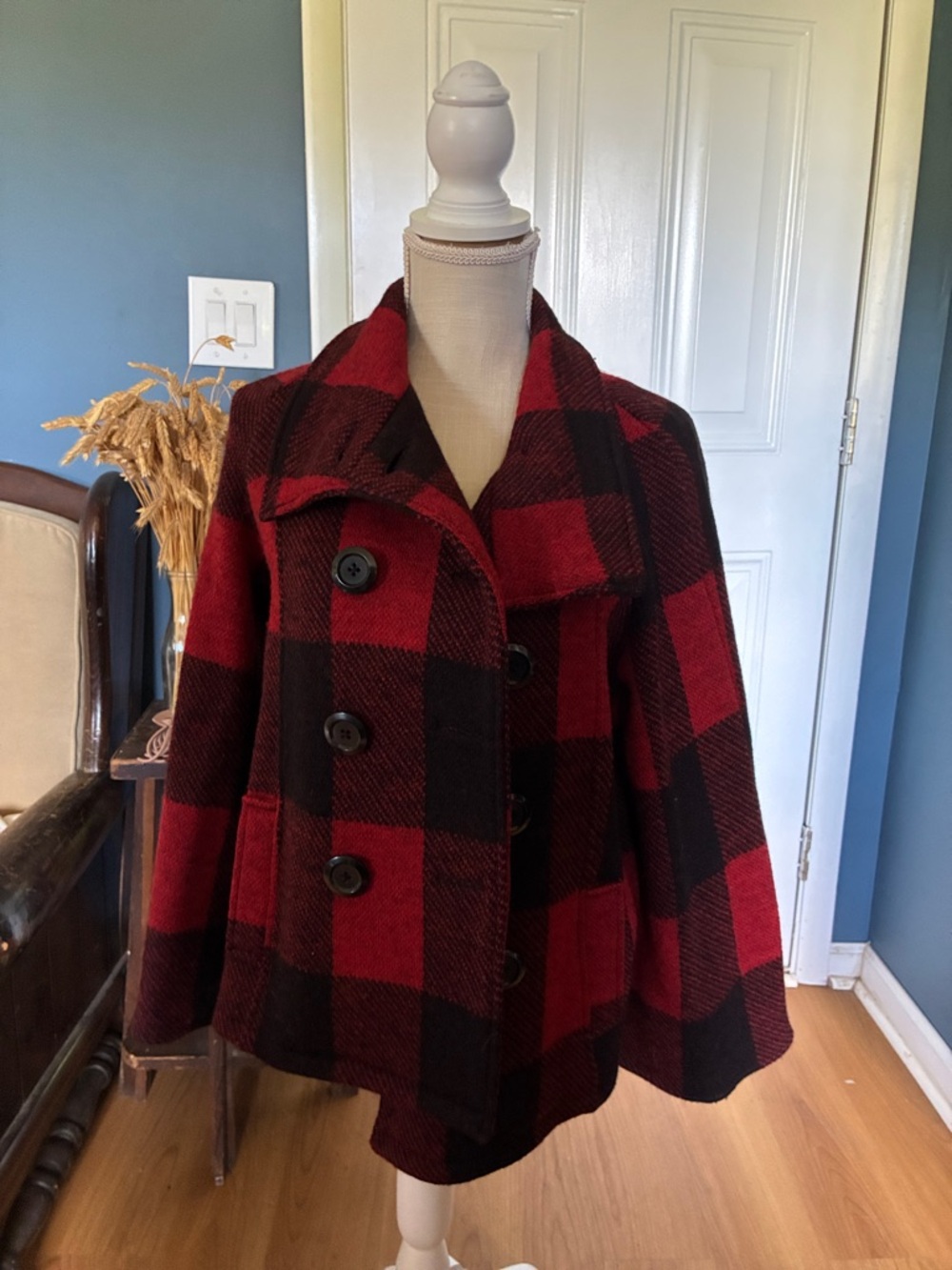 Tally Ho Red and Black Buffalo Plaid Peacoat